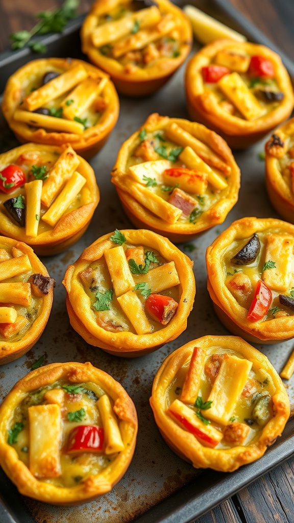 A tray of savory quiche muffins filled with vegetables and cheese, garnished with herbs, on a wooden table.
